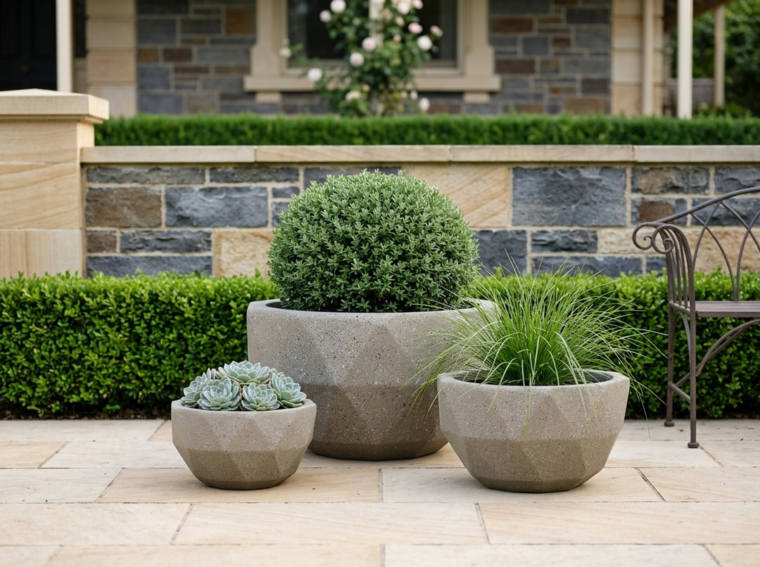 Geo Bowl terrazzo planter pots (Set of 3) in Taupe styled in an Adelaide garden — Small 6L, Medium 16L, Large 38L; lightweight fibre-clay, indoor or outdoor.