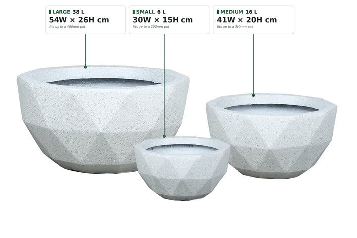 Geo Bowl planter pot size guide - Small 30cm wide 6L fits up to a 200mm pot, Medium 41cm 16L fits up to a 300mm pot, Large 54cm 38L fits up to a 400mm pot.