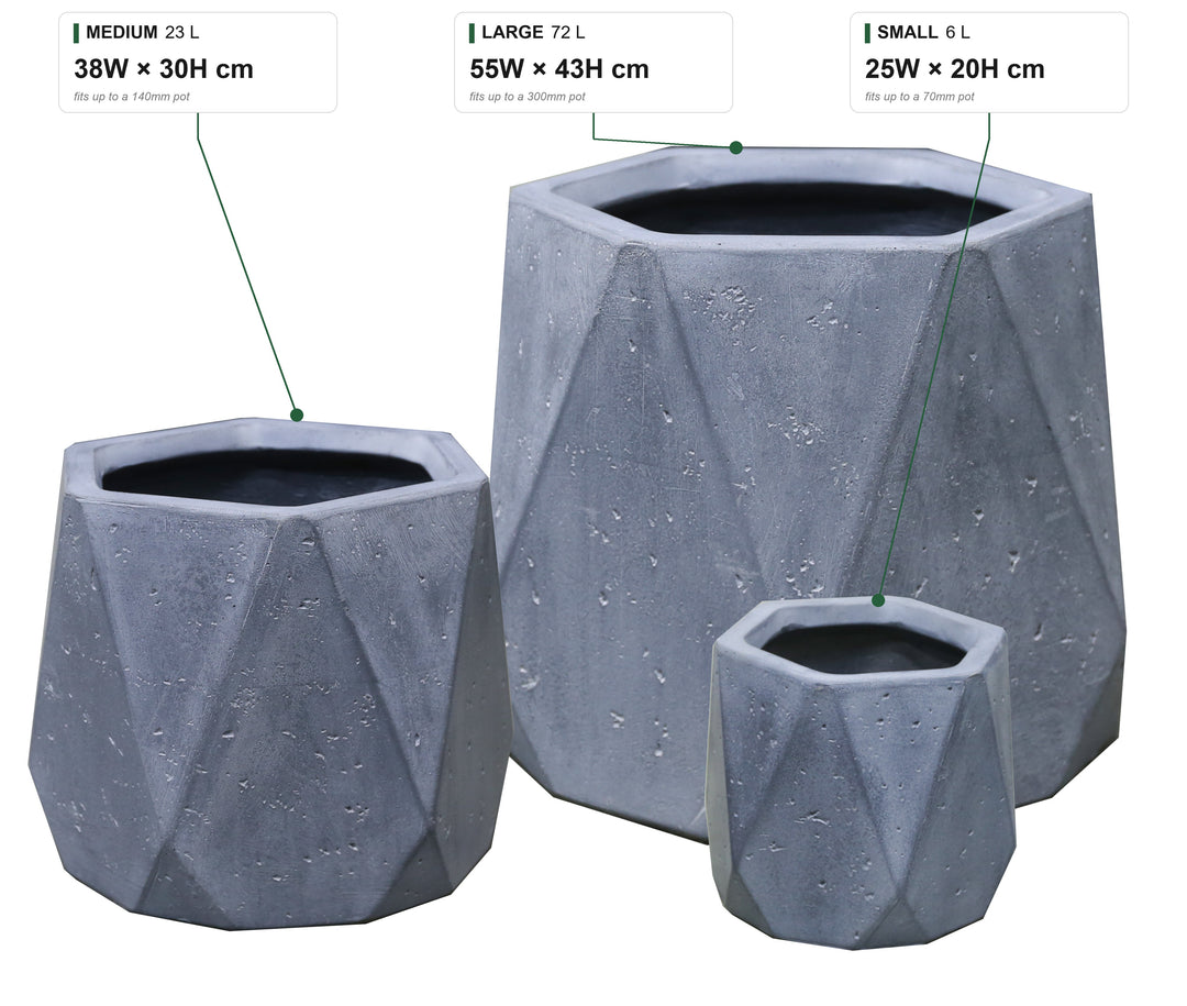 Geo Squat Concrete size guide: Small 6 L, 25W x 20H cm, fits up to a 70mm pot; Medium 23 L, 38W x 30H cm, fits up to a 140mm pot; Large 72 L, 55W x 43H cm, fits up to a 300mm pot