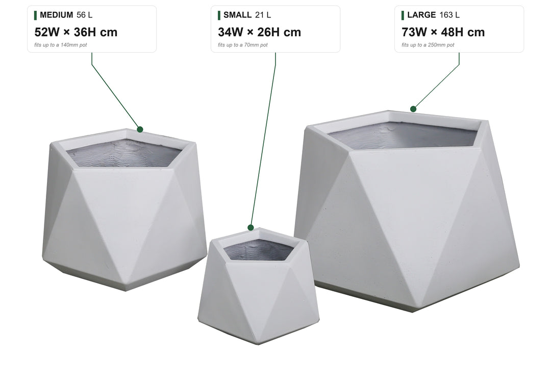 Geo Squat Terrazzo size guide: Small 21 L, 34W x 26H cm, fits up to a 70mm pot; Medium 56 L, 52W x 36H cm, fits up to a 140mm pot; Large 163 L, 73W x 48H cm, fits up to a 250mm pot