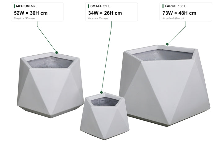 Geo Squat Terrazzo size guide: Small 21 L, 34W x 26H cm, fits up to a 70mm pot; Medium 56 L, 52W x 36H cm, fits up to a 140mm pot; Large 163 L, 73W x 48H cm, fits up to a 250mm pot