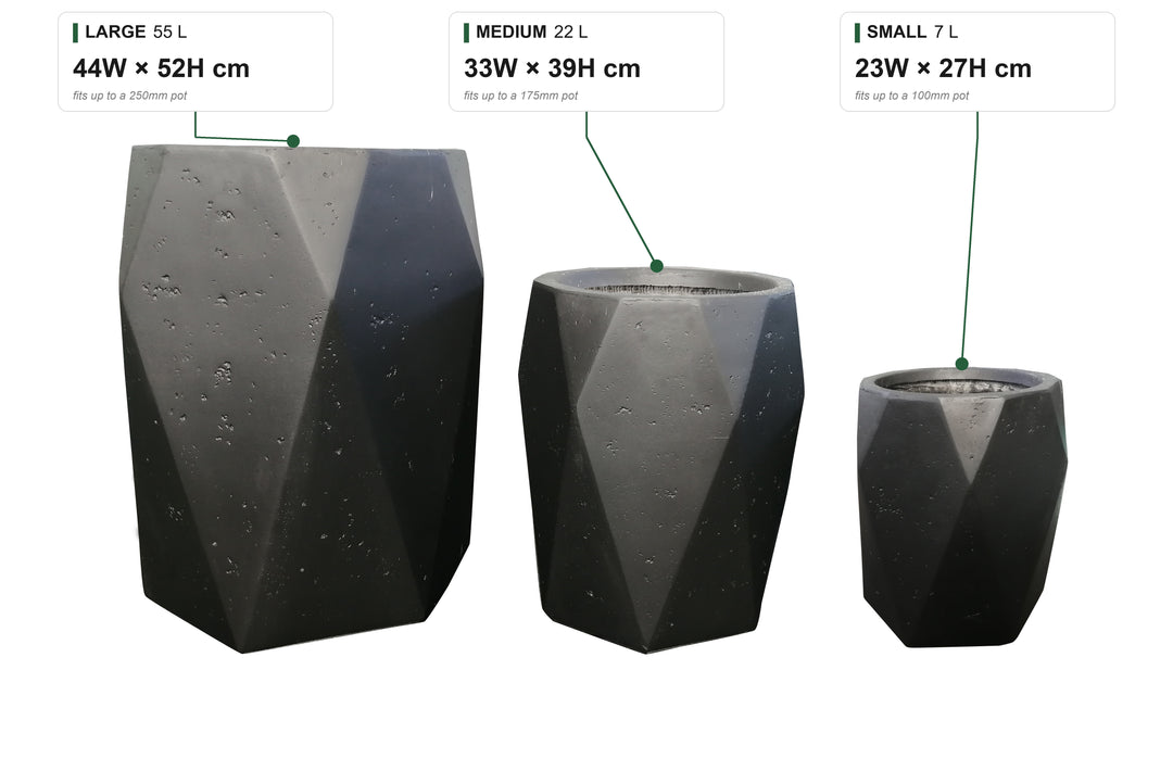 Geo Tall Concrete size guide: Small 7 L, 23W x 27H cm, fits up to a 100mm pot; Medium 22 L, 33W x 39H cm, fits up to a 175mm pot; Large 55 L, 44W x 52H cm, fits up to a 250mm pot