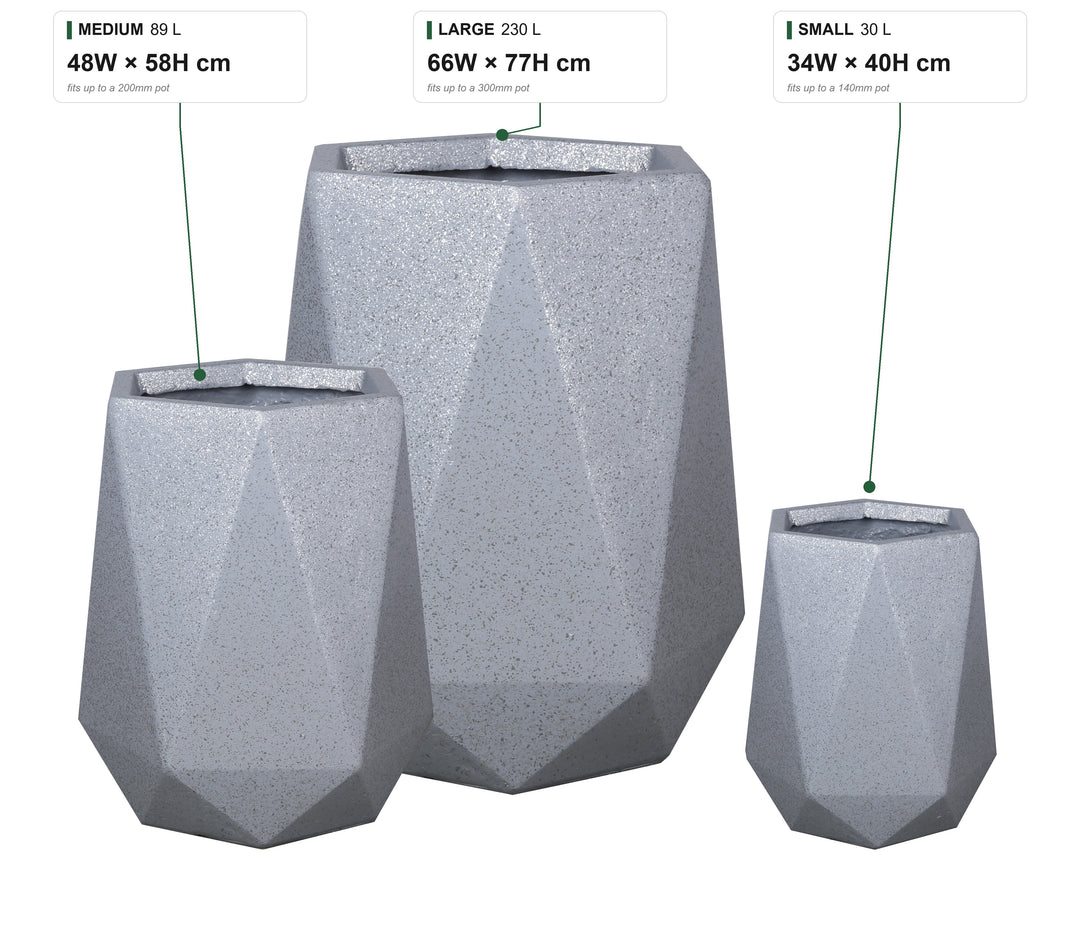 Geo Tall Terrazzo size guide: Small 30 L 34 x 40 cm, Medium 89 L 48 x 58 cm, Large 230 L 66 x 77 cm