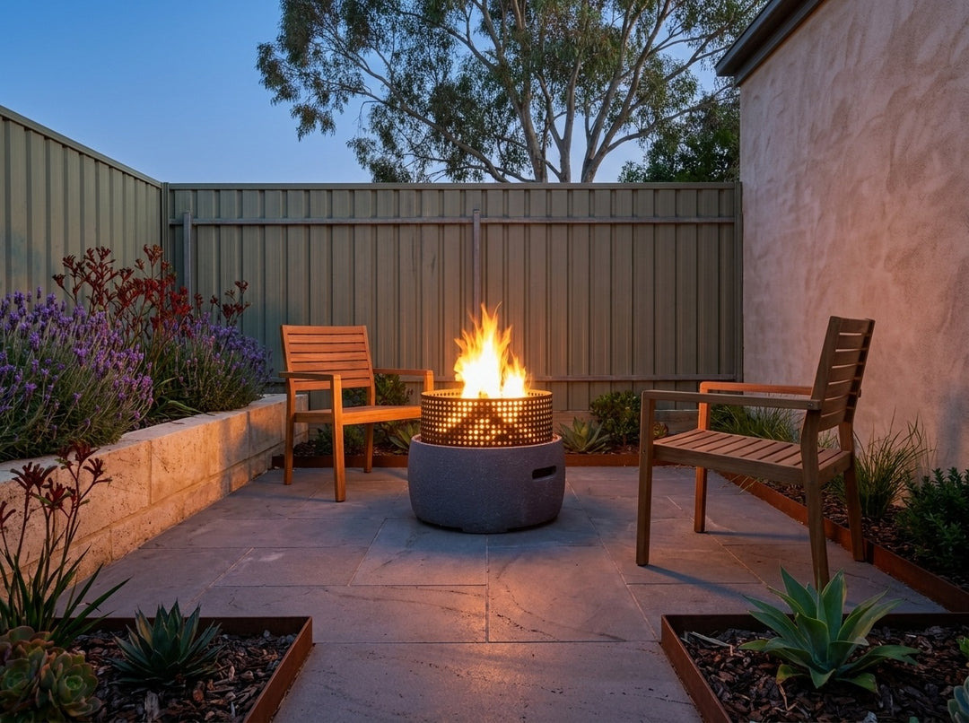 GRC Base Fire Pit, 58 cm across and 48.5 cm high, burning in a paved Adelaide courtyard at dusk with chairs drawn up around it