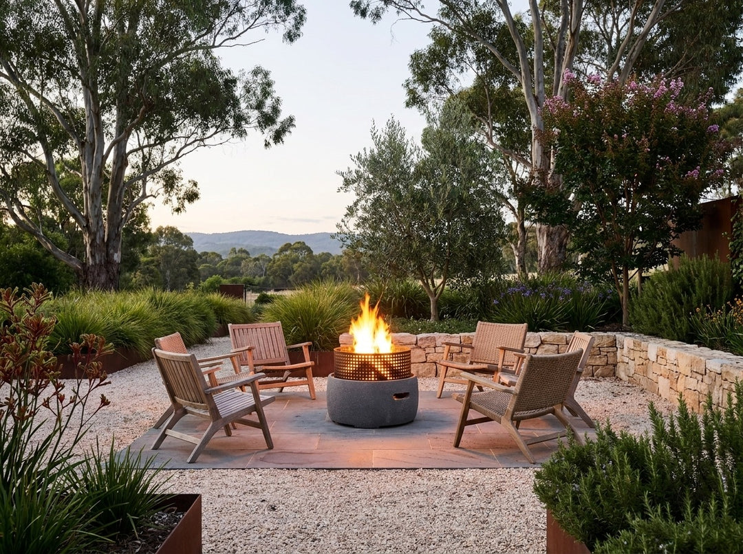 GRC Base Fire Pit, 58 cm across and 48.5 cm high, burning in a gravel fire-pit clearing in an Adelaide Hills garden at dusk with chairs drawn up around it