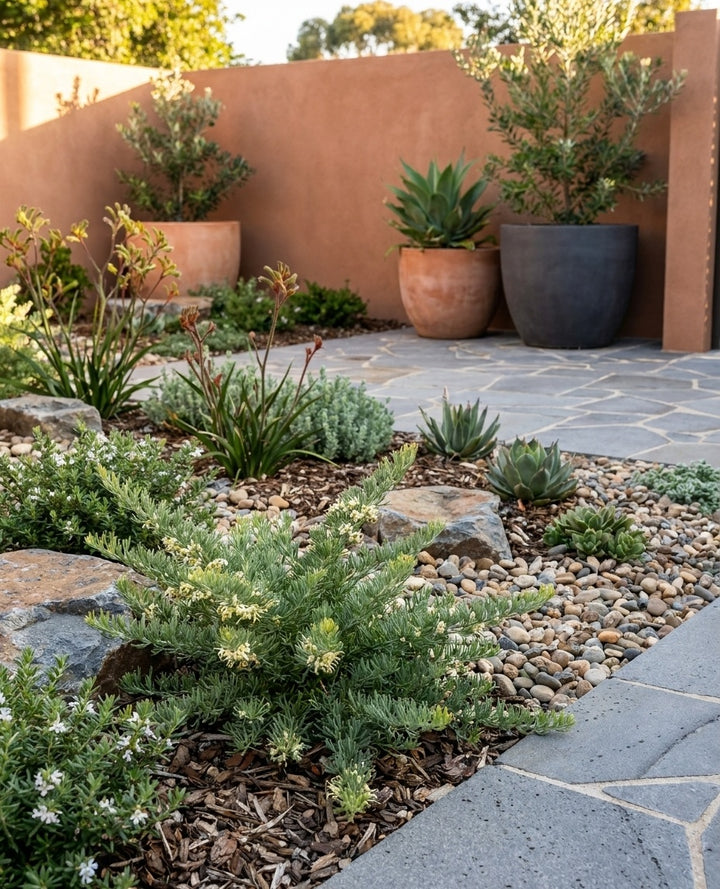 Grevillea Crithmifolia planted in a gravel-mulched dry garden with feature stones in an Adelaide garden.