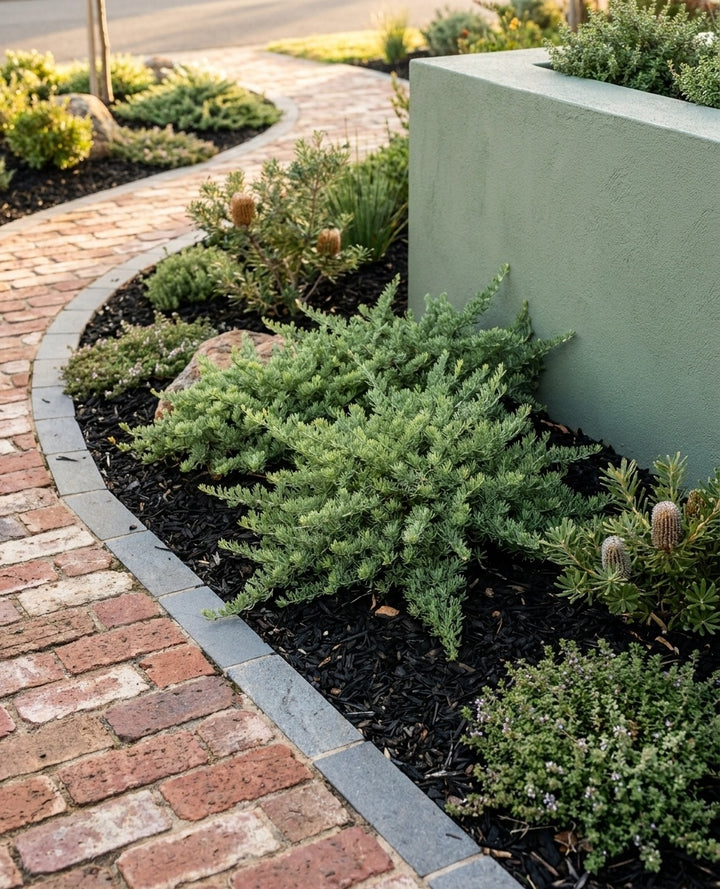 Grevillea Crithmifolia in a low rockery bed beside a stone wall in an Adelaide garden.