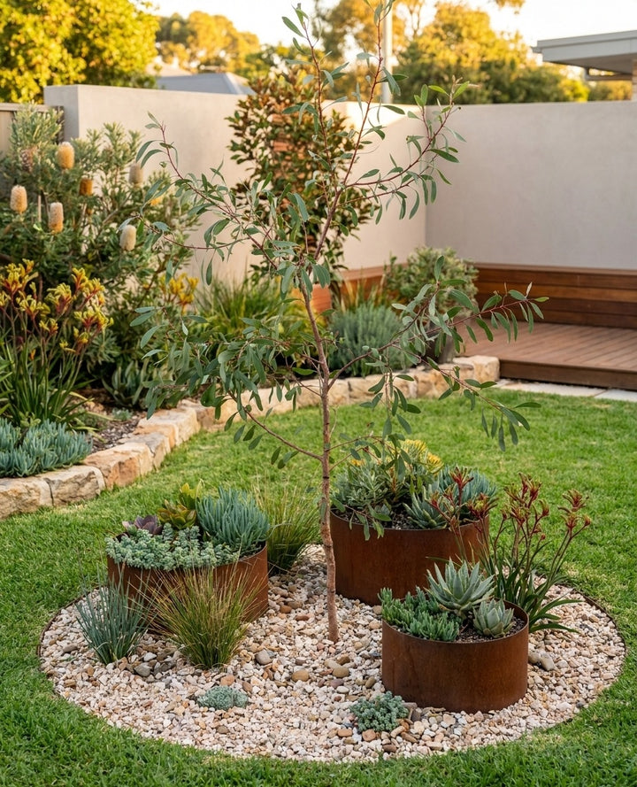 Hakea Laurina as a feature tree in a lawn with a mulched garden bed at its base in an Adelaide garden.