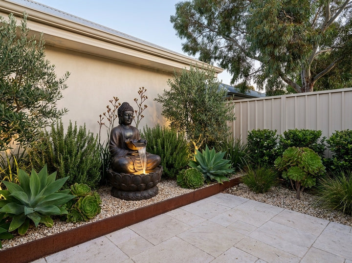 Harmony Large Water Feature in a paved Adelaide courtyard at dusk, water running and its integrated LED lighting glowing