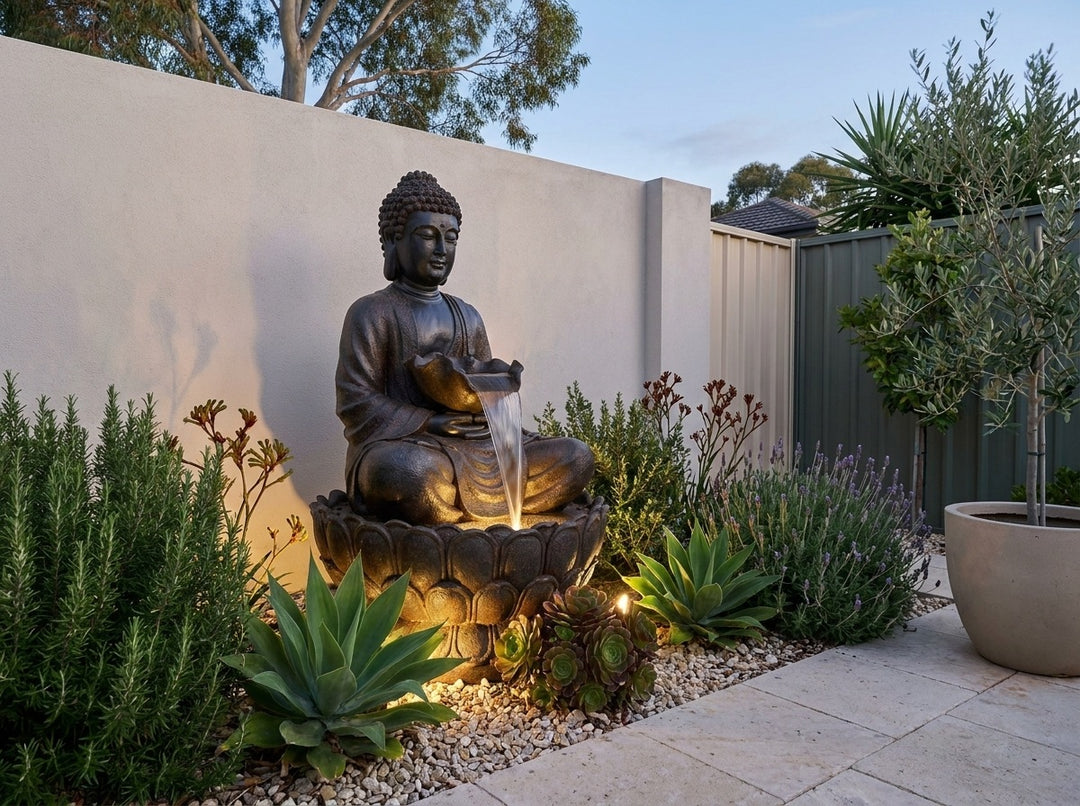 Harmony Large Water Feature in a paved Adelaide courtyard at dusk, water running and its integrated LED lighting glowing