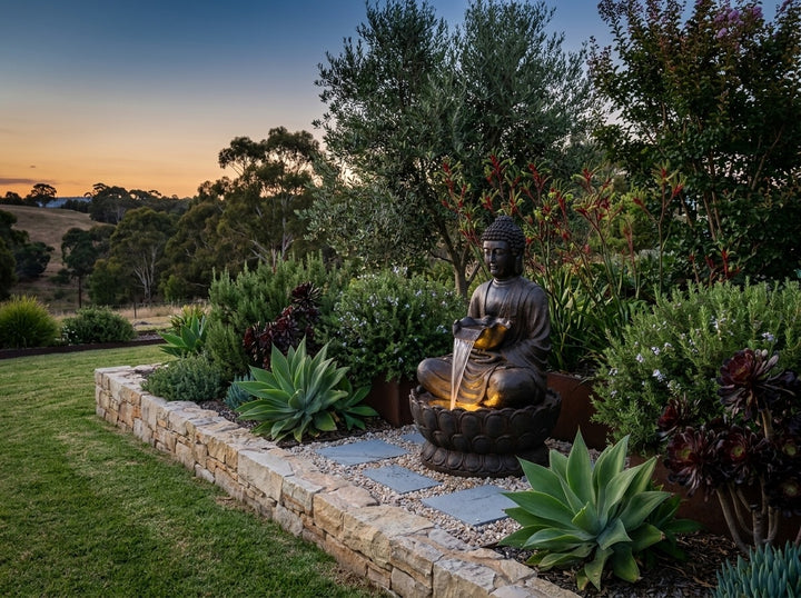 Harmony Large Water Feature in an established Adelaide Hills garden at dusk, water running and its integrated LED lighting glowing