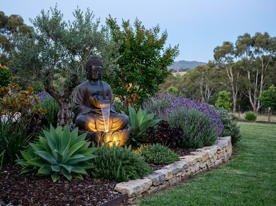 Harmony Large Water Feature in an established Adelaide Hills garden at dusk, water running and its integrated LED lighting glowing
