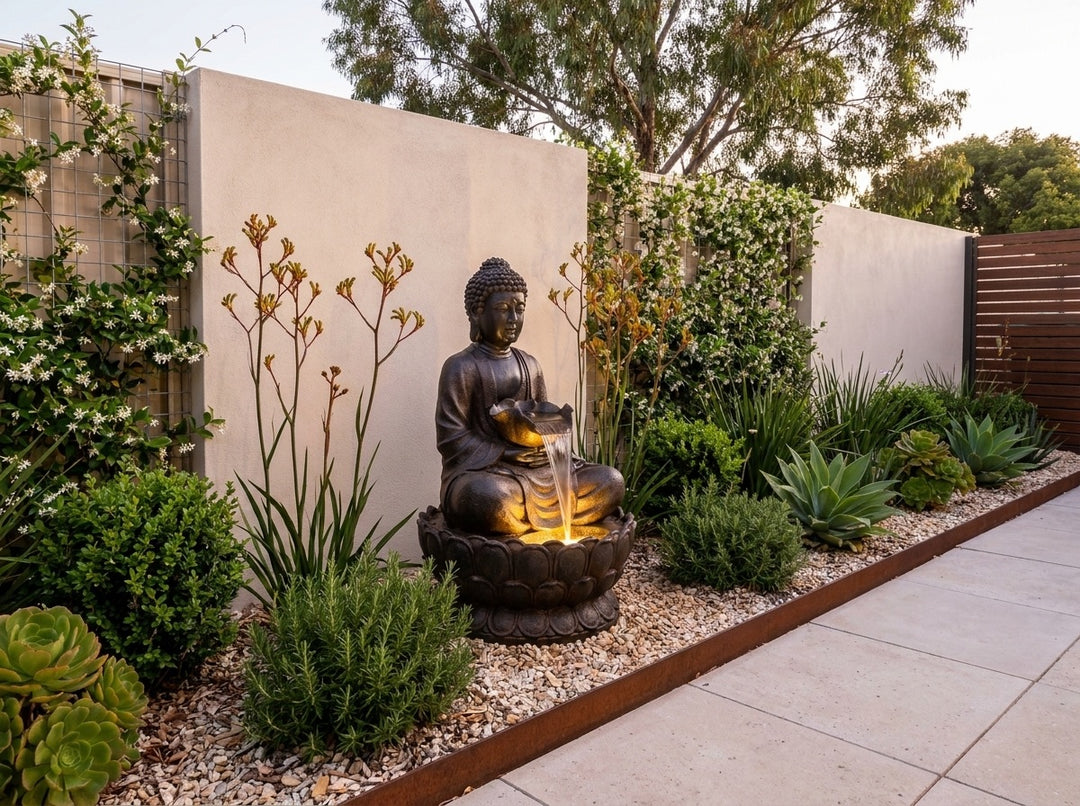 Harmony Large Water Feature in a small city townhouse garden at dusk, water running and its integrated LED lighting glowing
