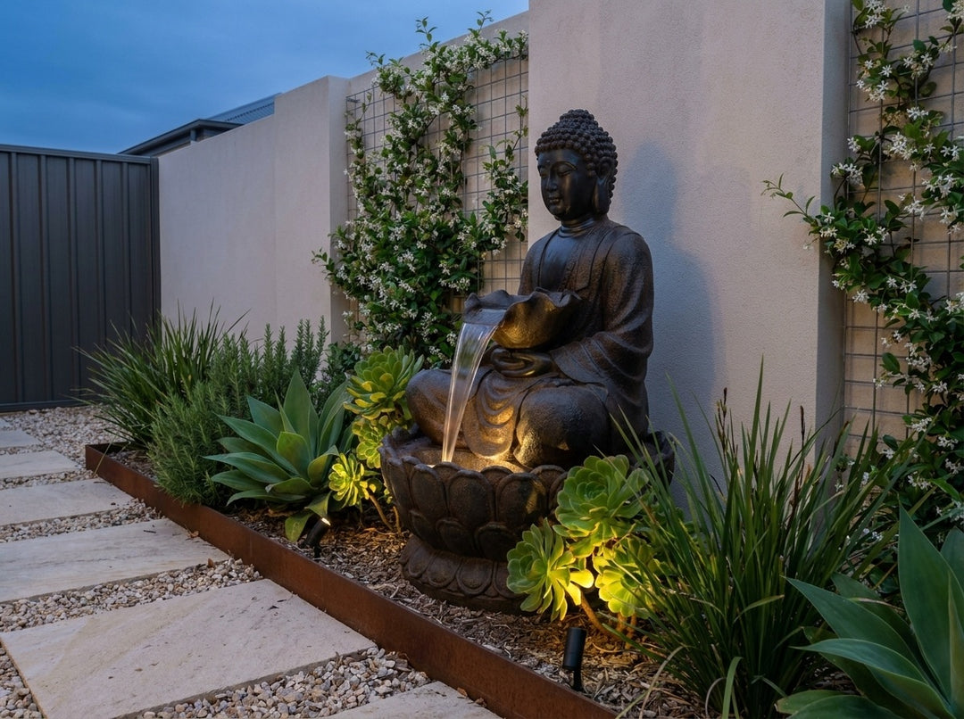 Harmony Large Water Feature in a small city townhouse garden at dusk, water running and its integrated LED lighting glowing