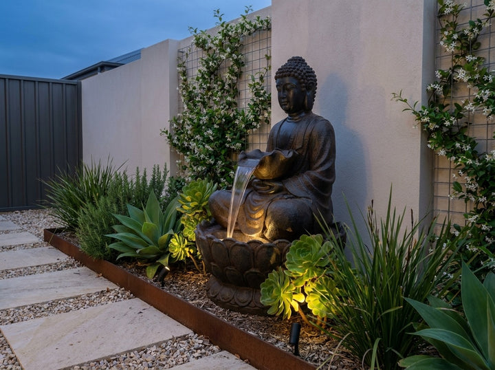 Harmony Large Water Feature in a small city townhouse garden at dusk, water running and its integrated LED lighting glowing