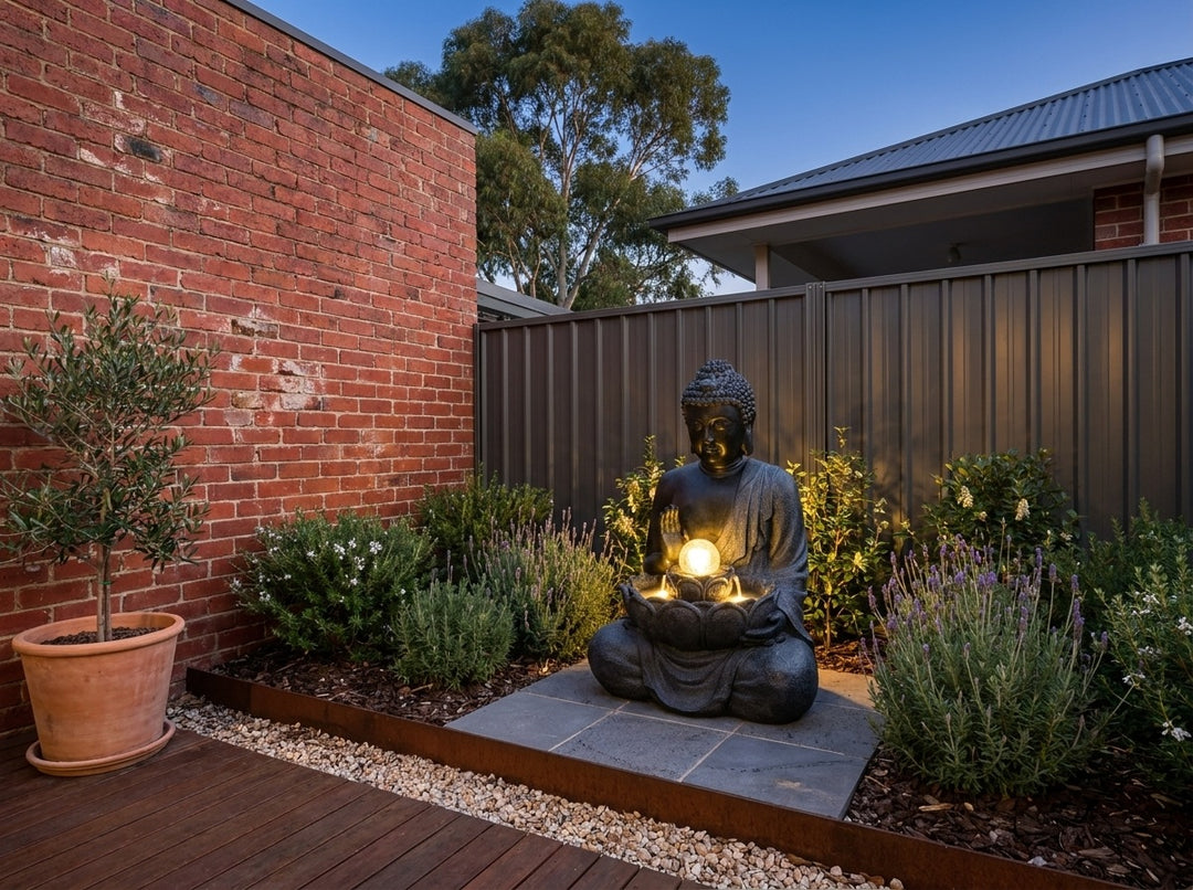 Harmony Medium Water Feature in a paved Adelaide courtyard at dusk, water running and its integrated LED lighting glowing