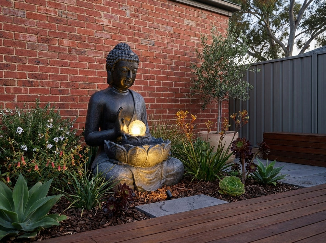 Harmony Medium Water Feature in a paved Adelaide courtyard at dusk, water running and its integrated LED lighting glowing