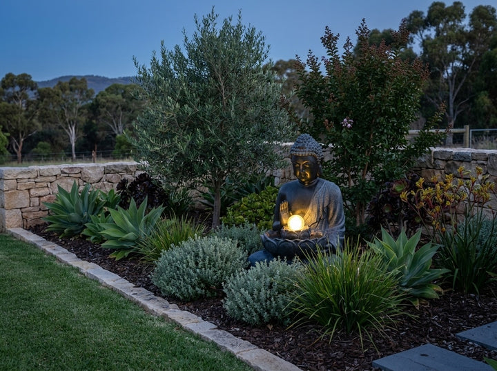 Harmony Medium Water Feature in an established Adelaide Hills garden at dusk, water running and its integrated LED lighting glowing