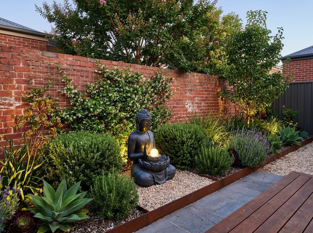 Harmony Medium Water Feature in a small city townhouse garden at dusk, water running and its integrated LED lighting glowing
