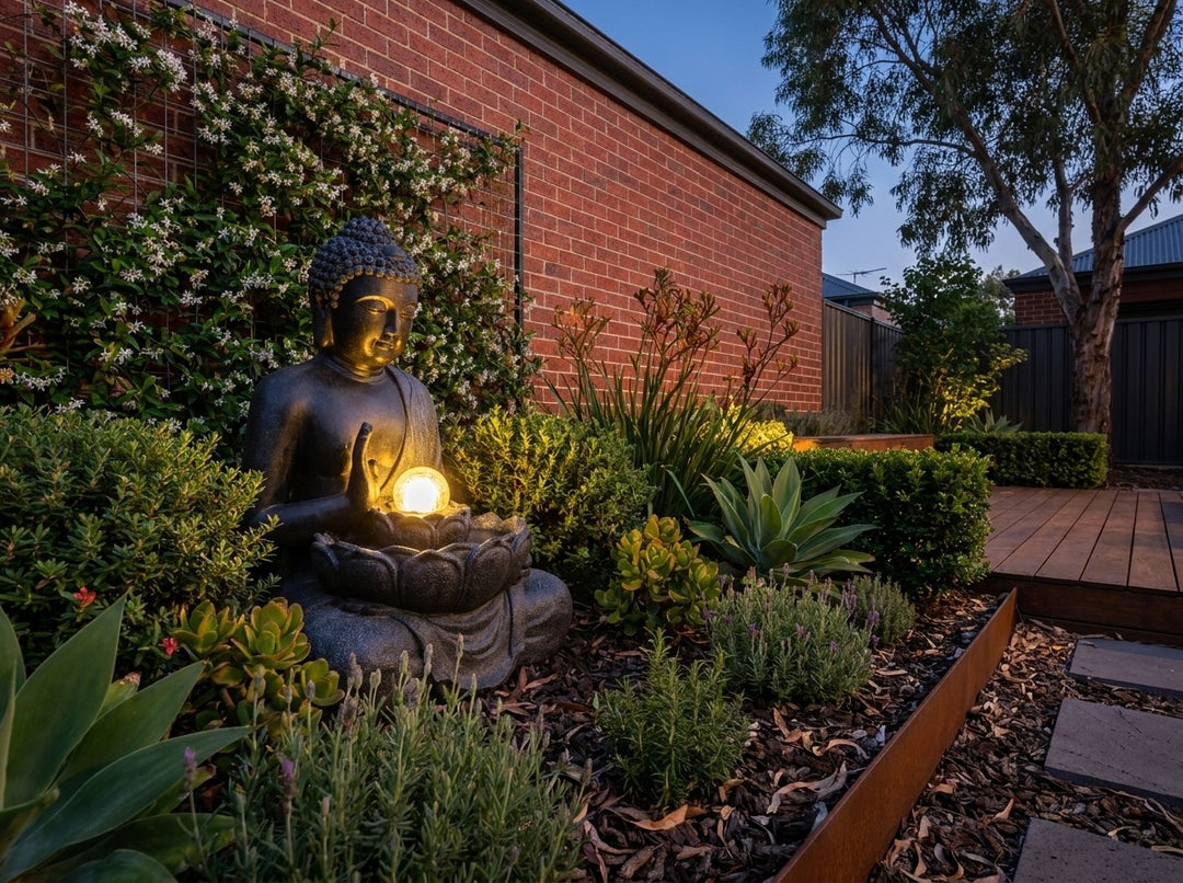 Harmony Medium Water Feature in a small city townhouse garden at dusk, water running and its integrated LED lighting glowing