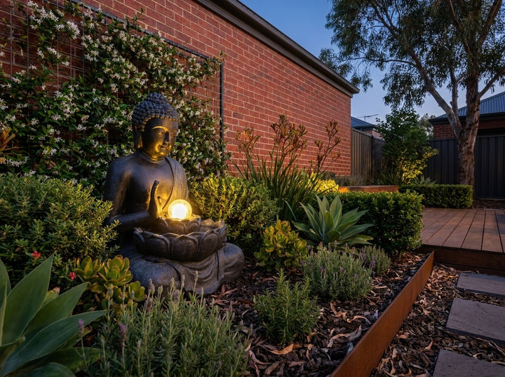 Harmony Medium Water Feature in a small city townhouse garden at dusk, water running and its integrated LED lighting glowing