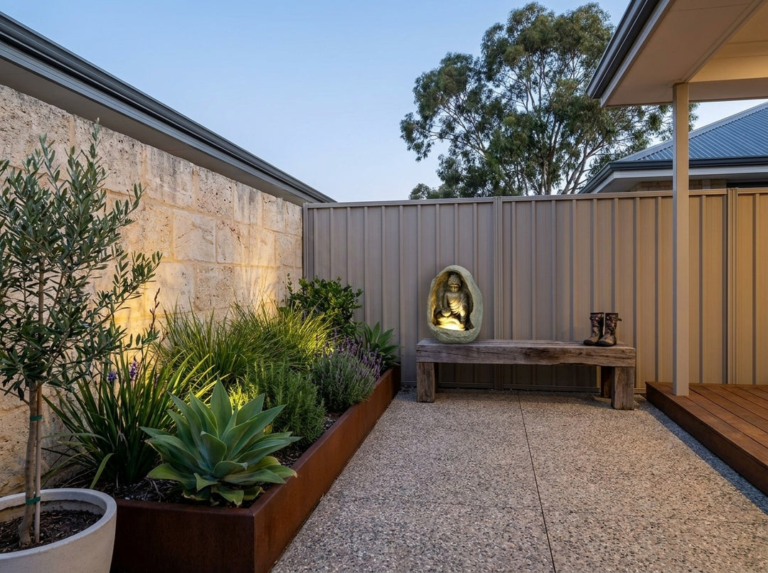 Harmony Small Water Feature in a paved Adelaide courtyard at dusk, water running and its integrated LED lighting glowing