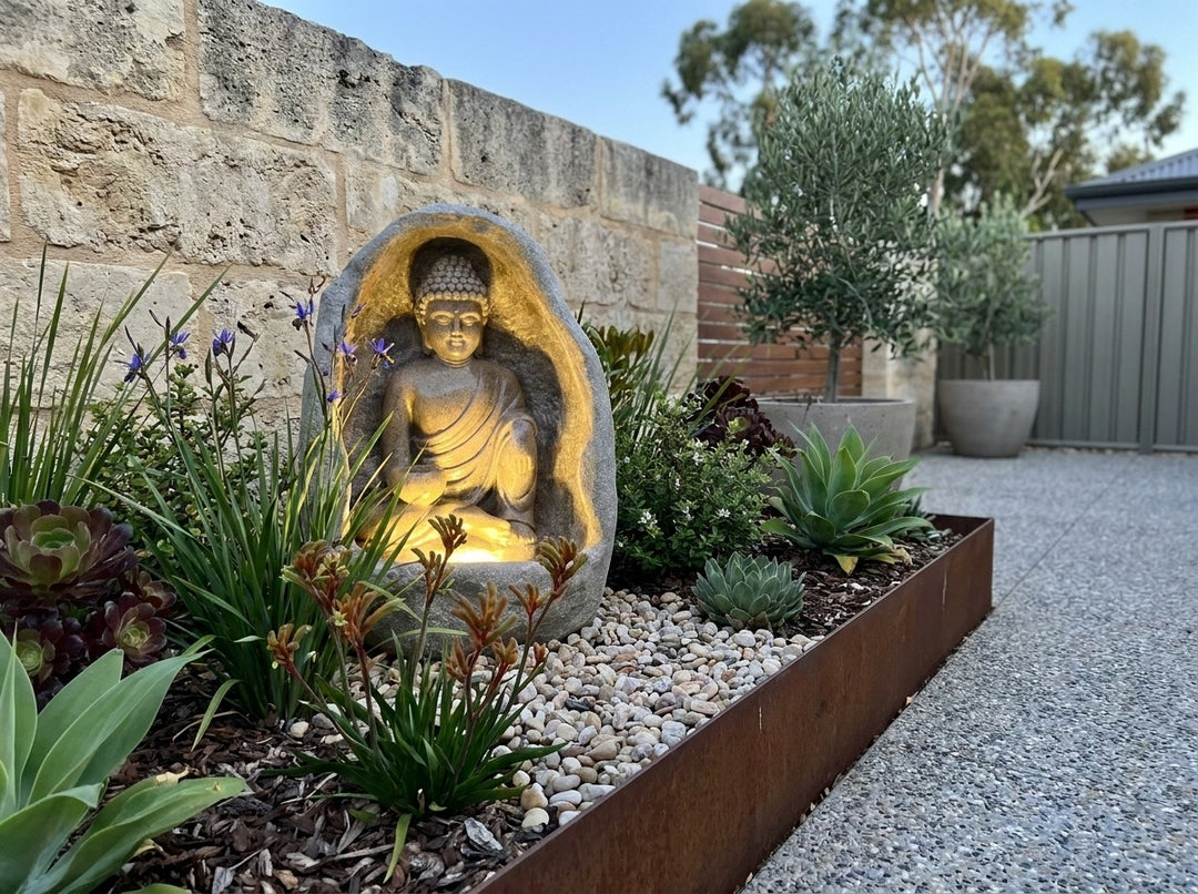 Harmony Small Water Feature in a paved Adelaide courtyard at dusk, water running and its integrated LED lighting glowing