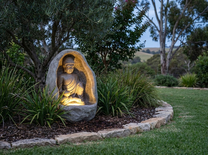 Harmony Small Water Feature in an established Adelaide Hills garden at dusk, water running and its integrated LED lighting glowing