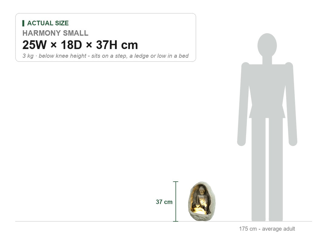 Harmony Small Water Feature size guide showing its real dimensions, 25W × 18D × 37H cm, drawn to scale beside a 175 cm adult