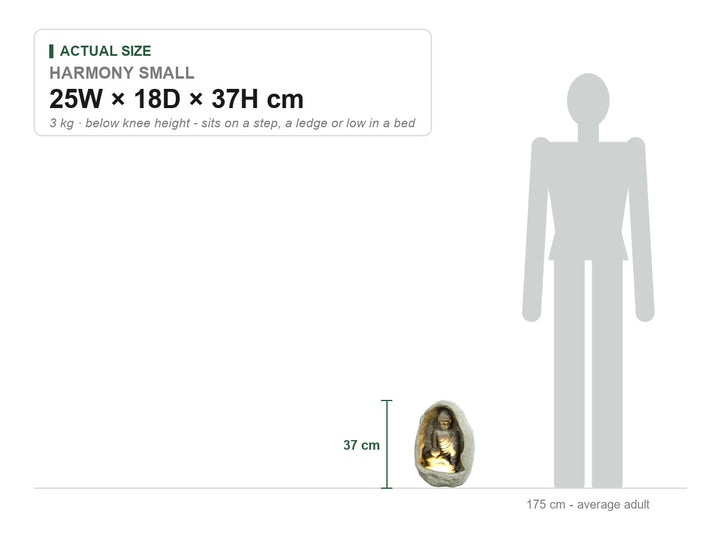 Harmony Small Water Feature size guide showing its real dimensions, 25W × 18D × 37H cm, drawn to scale beside a 175 cm adult