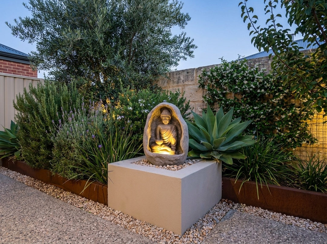 Harmony Small Water Feature in a small city townhouse garden at dusk, water running and its integrated LED lighting glowing