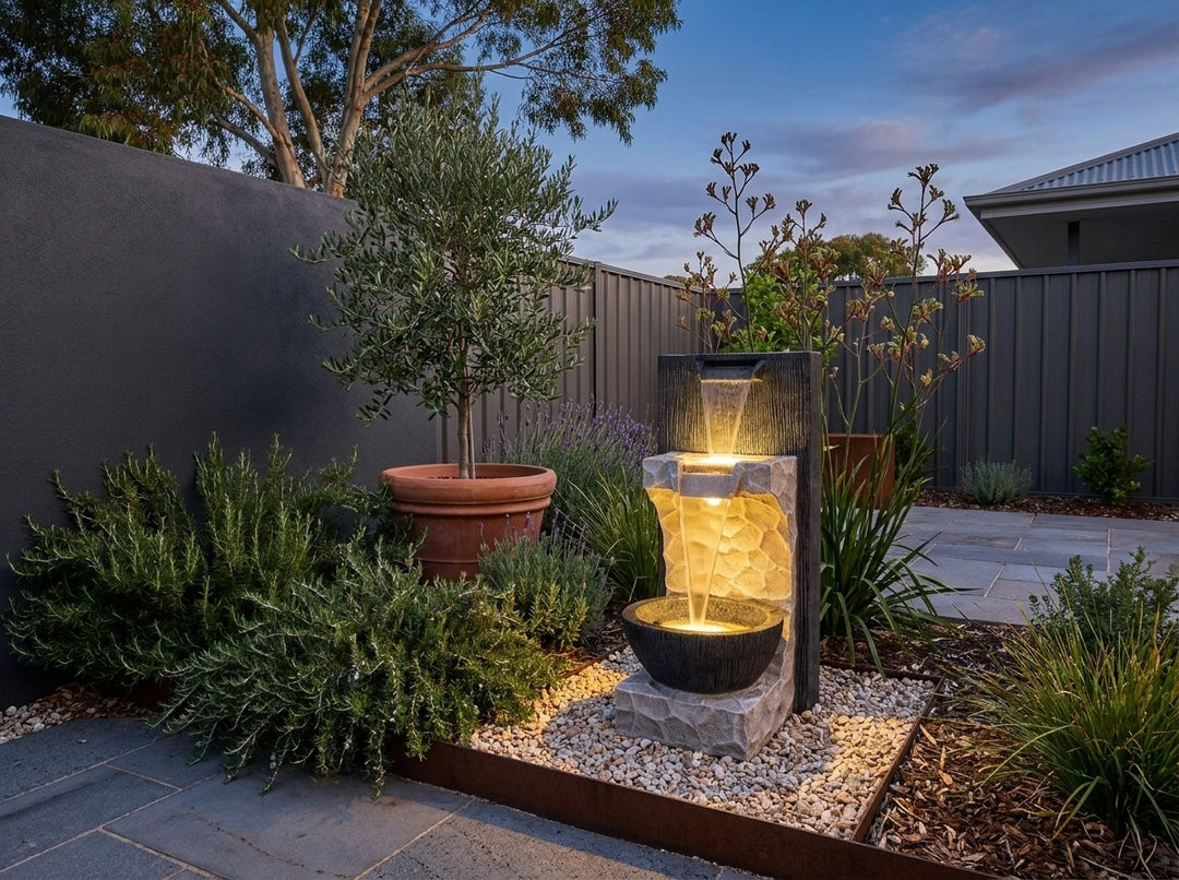 Hope Water Feature in a paved Adelaide courtyard at dusk, water running and its integrated LED lighting glowing