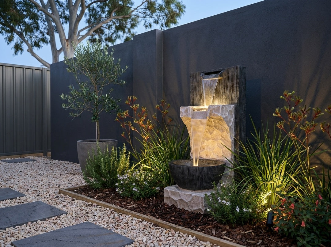 Hope Water Feature in a paved Adelaide courtyard at dusk, water running and its integrated LED lighting glowing