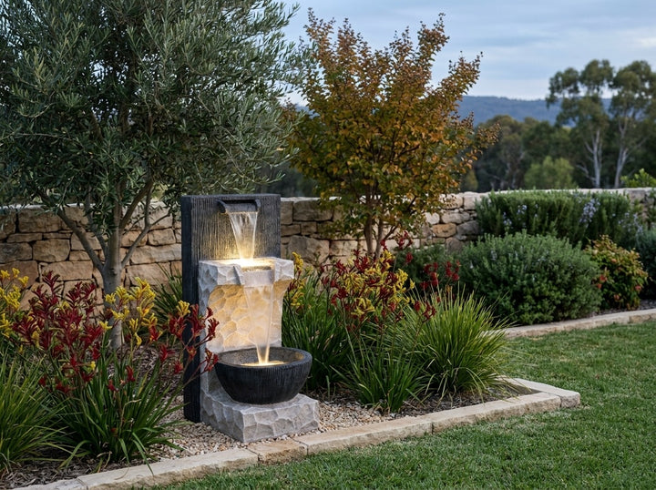Hope Water Feature in an established Adelaide Hills garden at dusk, water running and its integrated LED lighting glowing