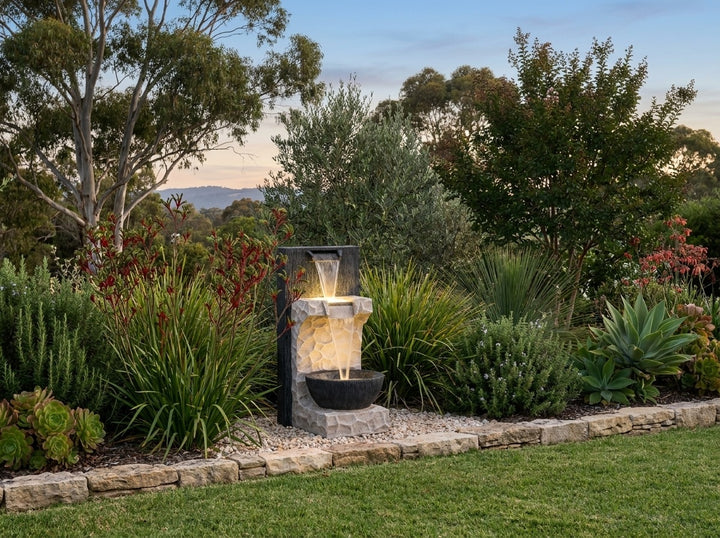 Hope Water Feature in an established Adelaide Hills garden at dusk, water running and its integrated LED lighting glowing