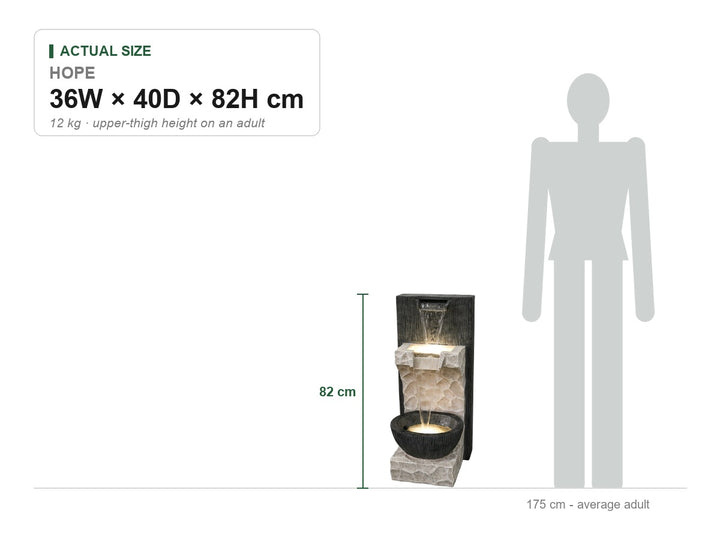 Hope Water Feature size guide showing its real dimensions, 36W × 40D × 82H cm, drawn to scale beside a 175 cm adult