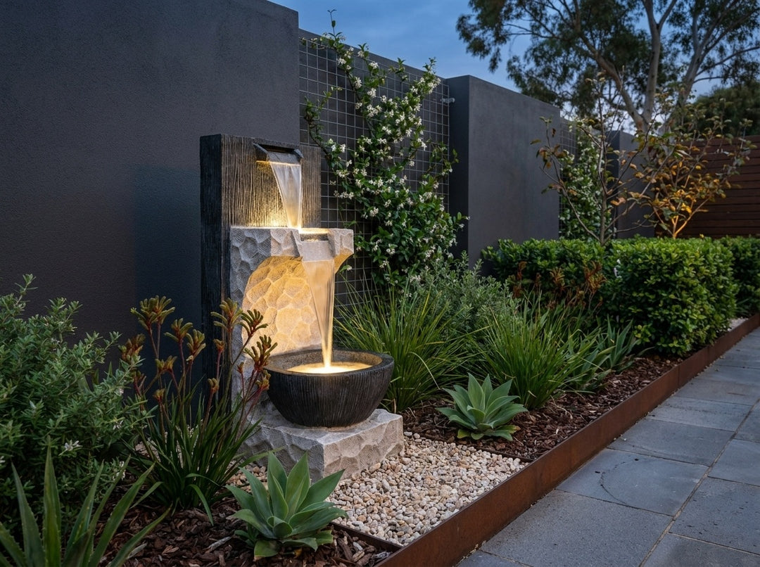 Hope Water Feature in a small city townhouse garden at dusk, water running and its integrated LED lighting glowing