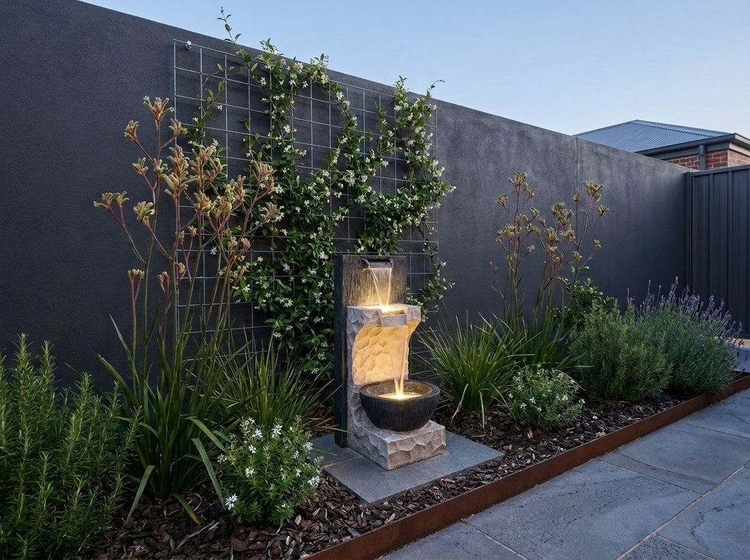 Hope Water Feature in a small city townhouse garden at dusk, water running and its integrated LED lighting glowing