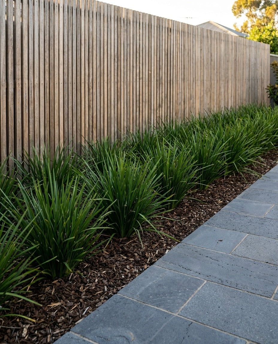 Lomandra longifolia mass-planted in a wide mulched bed beside a path in an Adelaide garden.