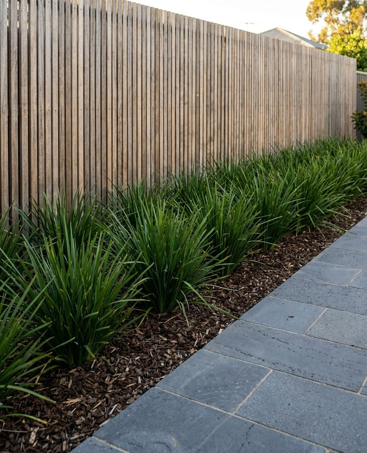 Lomandra longifolia mass-planted in a wide mulched bed beside a path in an Adelaide garden.