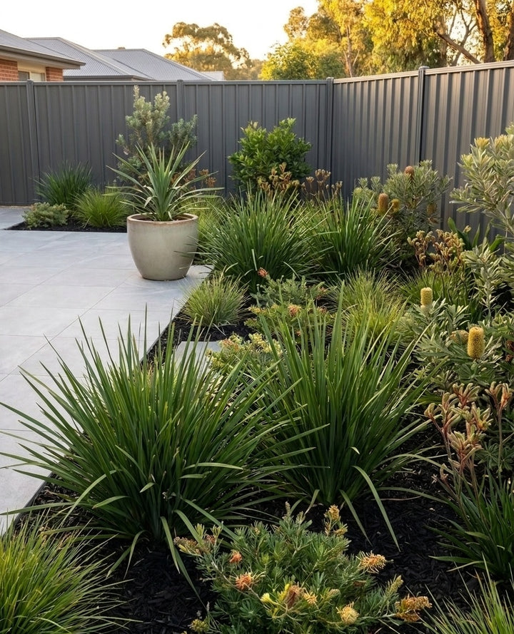 Lomandra longifolia used for texture through a mixed contemporary border in an Adelaide garden.