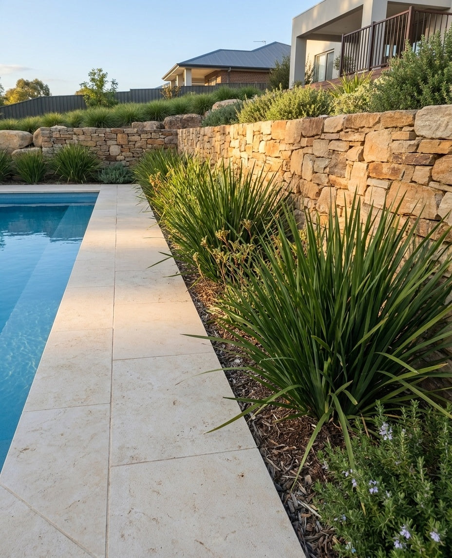 Lomandra longifolia planted along the edge of a paved pool surround in an Adelaide garden.
