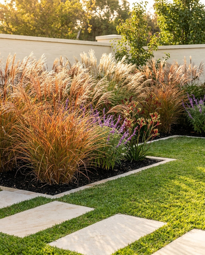 Miscanthus sinensis (Chinese Silver Grass) mass planted in meadow drifts with salvias and kangaroo paws, in an Adelaide garden.