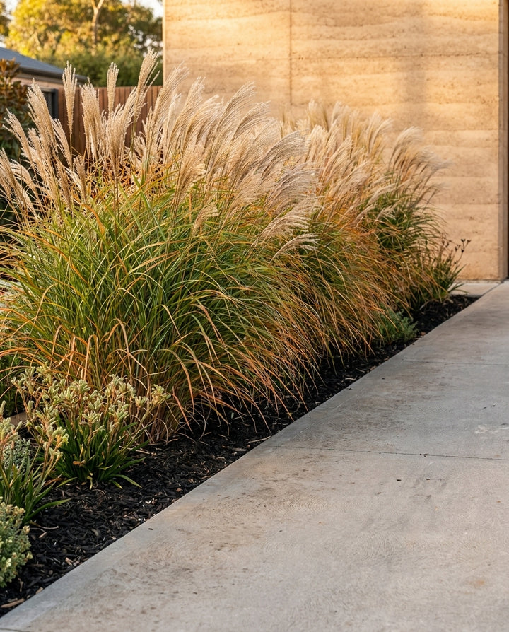 Miscanthus sinensis (Chinese Silver Grass) as a soft screening grass hedge along a driveway, in an Adelaide garden.