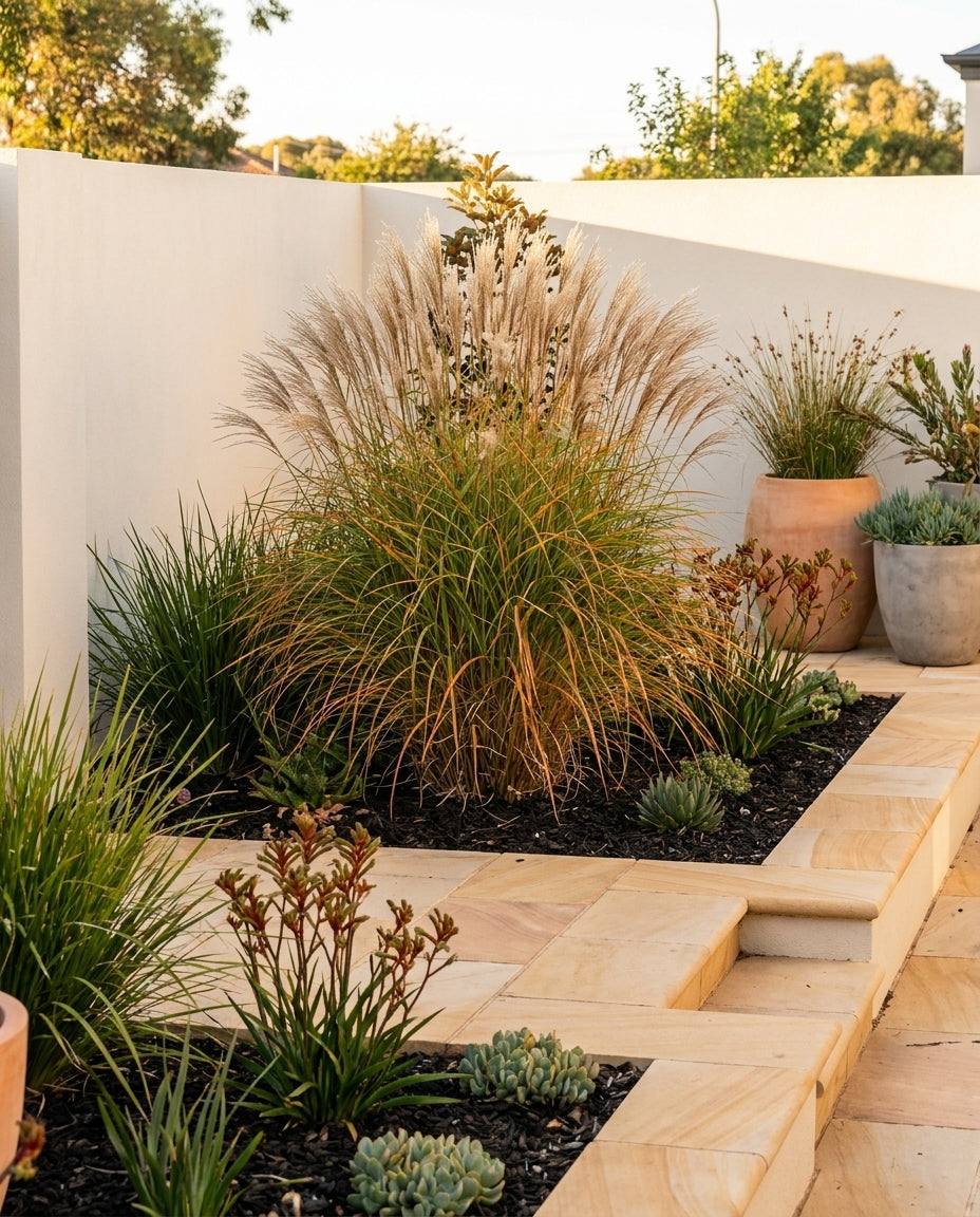 Miscanthus sinensis (Chinese Silver Grass) as a sculptural specimen clump with silky autumn plumes, in an Adelaide garden.