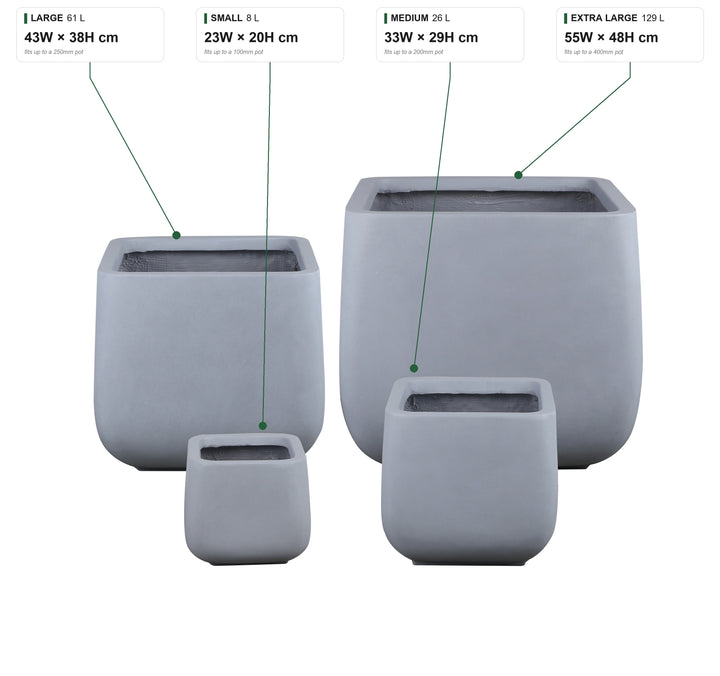 Monarch Squat size guide: Small 8 L, 23W x 20H cm, fits up to a 100mm pot; Medium 26 L, 33W x 29H cm, 200mm; Large 61 L, 43W x 38H cm, 250mm; Extra Large 129 L, 55W x 48H cm, 400mm