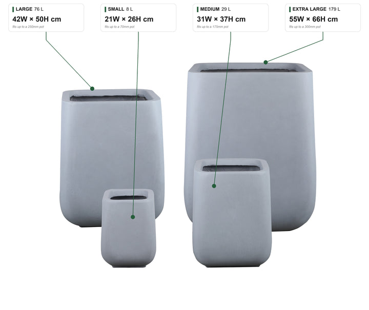 Monarch Tall size guide: Small 8 L, 21W x 26H cm, fits up to a 70mm pot; Medium 29 L, 31W x 37H cm, 175mm; Large 76 L, 42W x 50H cm, 250mm; Extra Large 179 L, 55W x 66H cm, 300mm