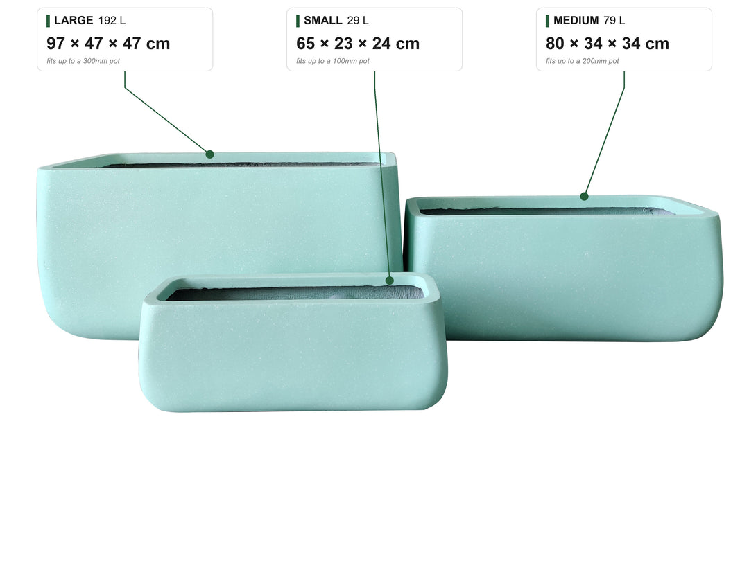 Monarch Trough size guide: Small 29 L, 65 x 23 x 24 cm, fits up to a 100mm pot; Medium 79 L, 80 x 34 x 34 cm, 200mm; Large 192 L, 97 x 47 x 47 cm, 300mm