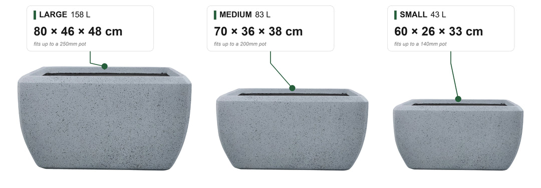 Montego size guide: Small 43 L, 60 x 26 x 33 cm, fits up to a 140mm pot; Medium 83 L, 70 x 36 x 38 cm, fits up to a 200mm pot; Large 158 L, 80 x 46 x 48 cm, fits up to a 250mm pot