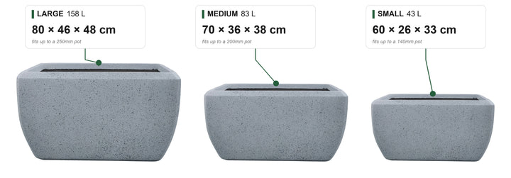 Montego size guide: Small 43 L, 60 x 26 x 33 cm, fits up to a 140mm pot; Medium 83 L, 70 x 36 x 38 cm, fits up to a 200mm pot; Large 158 L, 80 x 46 x 48 cm, fits up to a 250mm pot
